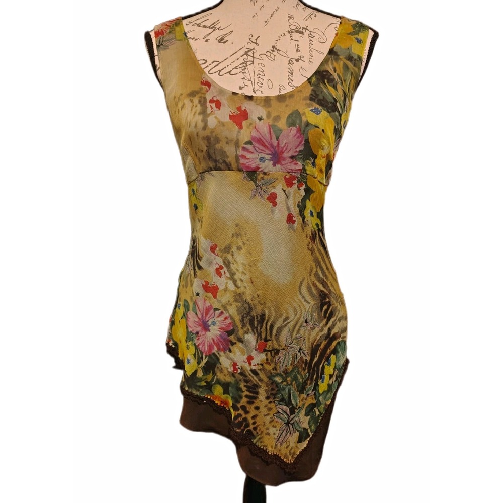 Vtg Y2K ECI New York Silk Babydoll Top 12 Asymmetrical Floral Animal Fall Fairy